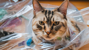 cat wrapped in plastic