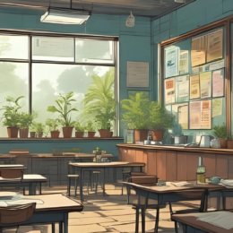 Artistic classroom with green plants.