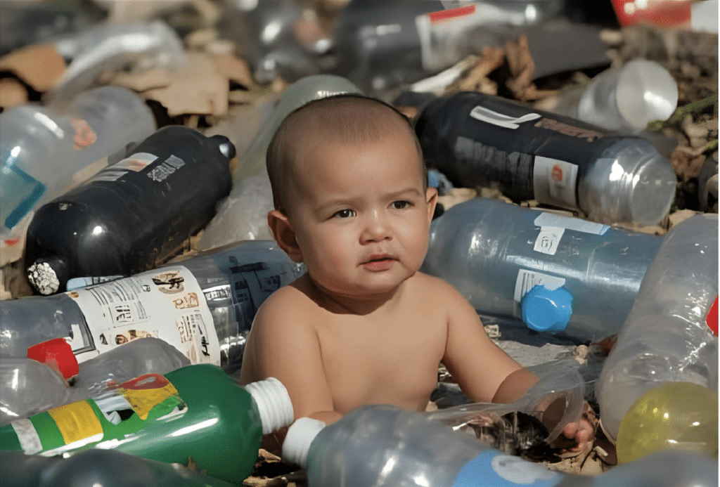 Baby sitting in plastic wasteland