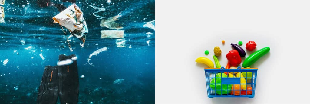 On the left: plastic trash with fish in deep water. On the right: plastic veggies in a plastic bin.