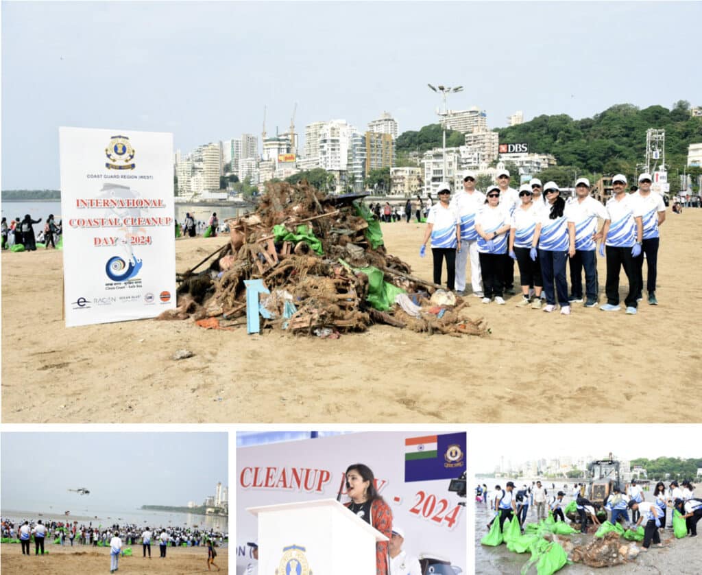 Photo 1: Volunteers standing next to massive pile of collected waste
Photo 2: Volunteers plunging into the ocean searching for trash
Photo 3: EARTHDAY.ORG’s Debrapriya Dutt speaking to the crown
Photo 4: Volunteers using heavy machinery to in cleanup
